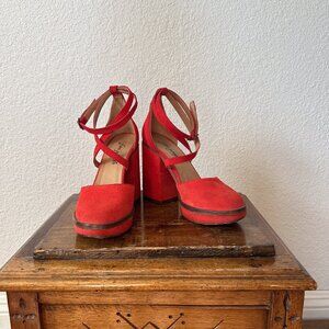 Free People Remi Size EU38 US8 Red Suede Platform Pumps with Ankle Strap leather